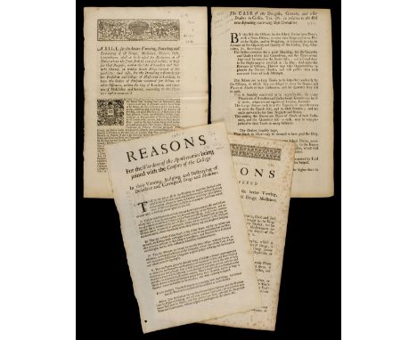 Apothecaries. Four bills and broadsides, 1724, comprising: 1. A Bill for the better Viewing, Searching and Examining of all D