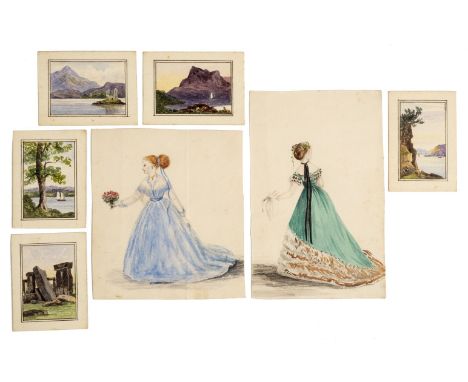 * [Fashion]. A set of seven drawings of ladies, circa 1840s, pencil and watercolour on wove paper, each drawing depicting a d