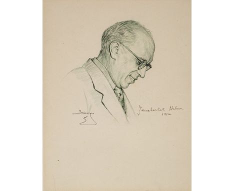 * Nehru (Jawaharlal, 1889-1964). Portrait of Nehru, by S.N. Swamy (1911-1983), lithographic portrait, printed in green and bl