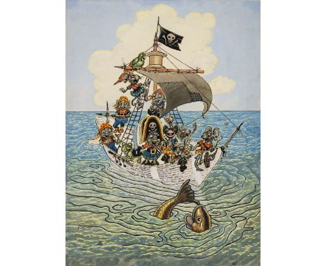 * Folkard (Charles, 1878-1963). The Pirate Ship, pen, ink, and watercolour, depicting a crowded sailing ship flying a Jolly R