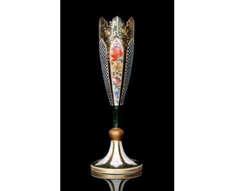 A 19th Century Bohemian glass vase in the manner of Moser with a circular spread foot below ball knop and tulip form bowl, ca