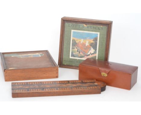 Two sets of Lott's bricks series 'B' in sliding tray mahogany cases, together with a leather bridge case and an inlaid cribba