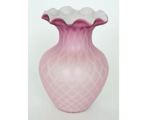 A large late 19th Century Stourbridge quilted air trap satin glass vase of shouldered ovoid form with everted collar neck and