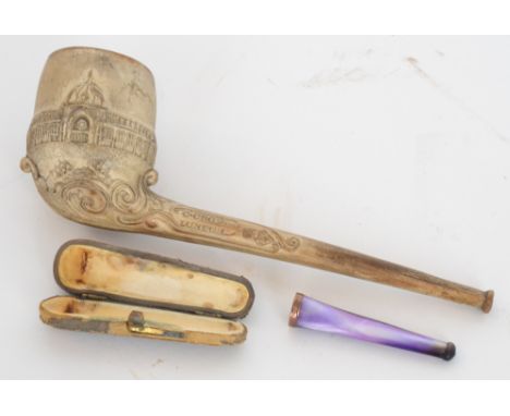 A 19th Century novelty clay pipe C.Crop of London for the 1862 South Kensington Exhibition, length 19.5cm, together with an e