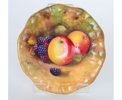 A 1930s Royal Worcester fruit painted butter dish decorated by Moseley with apples and berries to a mossy ground, printed puc