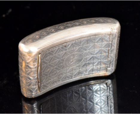 A George III shaped rectangular snuff box of cushion form, having geometric stipple engraved decoration to front and back and