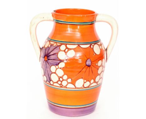 A Clarice Cliff twin handled Lotus jug circa 1929 hand painted in the Broth pattern within banded borders, Fantasque mark, he