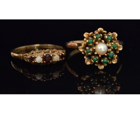 A mid 20th Century 9ct split pearl and green stone ring designed as a flowerhead, the central pearl within a border of eight 