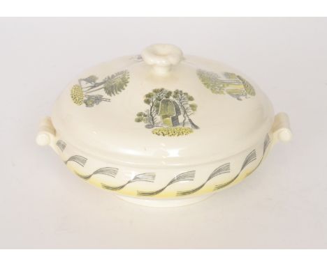 An Eric Ravilious for Wedgwood Garden pattern lidded tureen, the cover decorated with scenes of a female gardener picking app