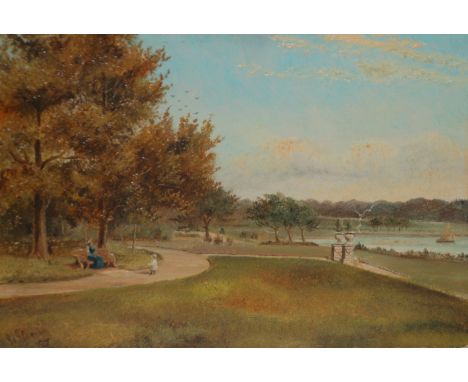 W.J.STEVENS (LATE 19TH CENTURY) - 'Poole Park, Poole', oil on board, signed and dated '97, unframed, 19cm x 27cm also the com