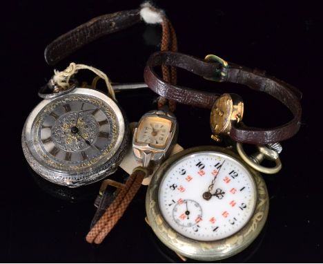 A Continental silver key wind pocket watch with silvered dial, Roman numerals and gilt foliate decoration, stamped, together 