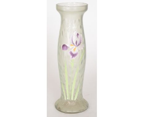 An early 20th Century Continental glass vase of footed swollen sleeve form with collar neck, enamel decorated with a flag iri