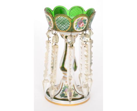 A 19th Century Bohemian table lustre with circular spread foot below and inverted baluster form column with cup bowl and arch