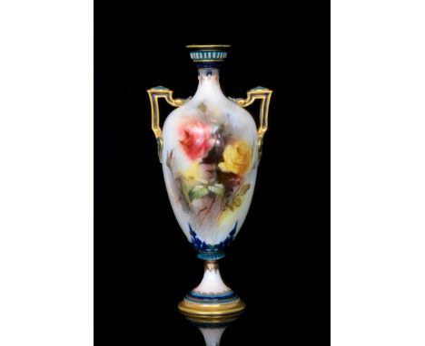 A Hadleys Worcester twin handled pedestal vase decorated with an orange and yellow rose with low relief borders and angular h