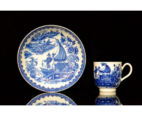 A late 18th Century 'First Period' Worcester coffee cup and saucer decorated in the Fisherman and Cormorant pattern, crescent