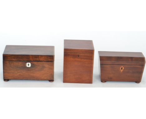 A 19th Century rectangular rosewood tea caddy width 20cm, another of casket form and a square tea caddy (3)