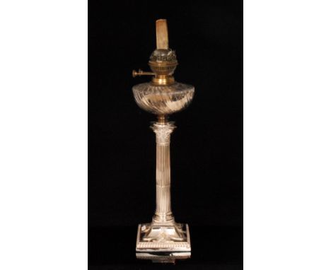 A Victorian Adam style electroplated Corinthian column oil lamp with reservoir, no shade, height 54cm