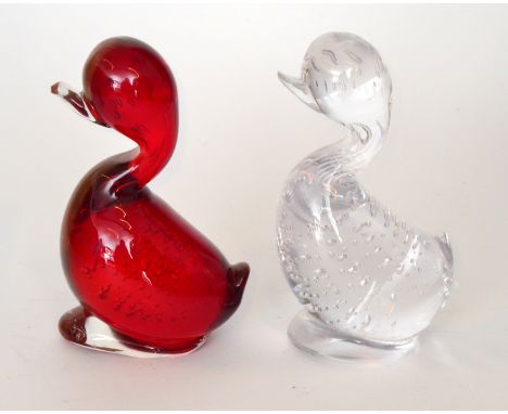 A later 20th Century Whitefriars glass figure of a stylised duck in ruby with internal air bubble decoration, height 14cm, to