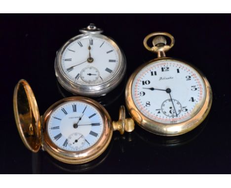 A hallmarked silver key wind open faced fob watch, the white enamelled dial with Roman numerals and subsidiary seconds dial, 