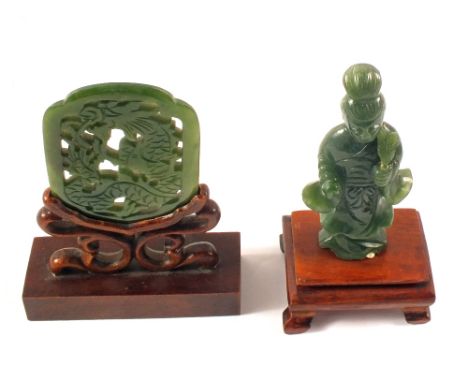 A Chinese carved Jade figure and reticulated plaque on wooden stands