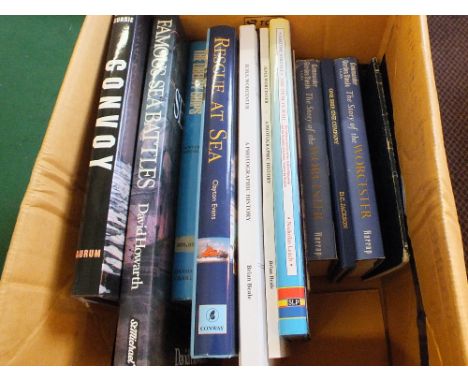 Various volumes on merchant and military shipping including H.M.S. Worcester (two boxes)