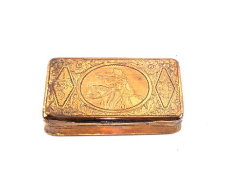 A 19th Century gilt metal snuff box, the lid engraved with a military trumpeter, marked C.M 36