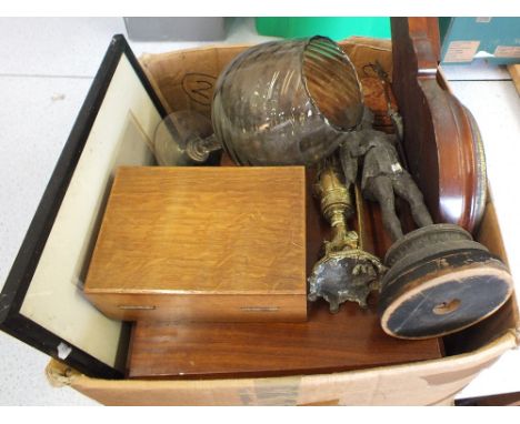 Various boxes, tins etc and an inlaid Mahogany barometer, spelter figure and an Indian Brass candle holder