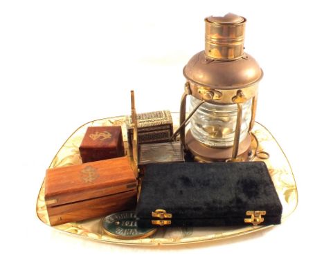 A Copper ships lamp, Brass sundial and other items