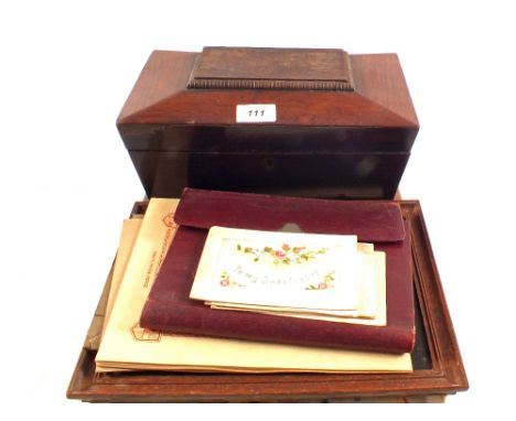 A 19th Century Rosewood tea caddy and silk postcards etc