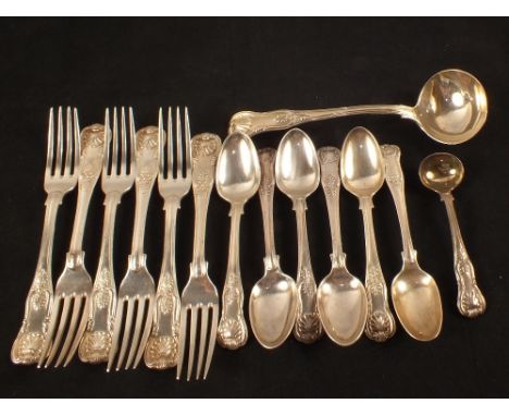 Six Silver forks, five teaspoons, ladle and mustard, London 1794 plus one other