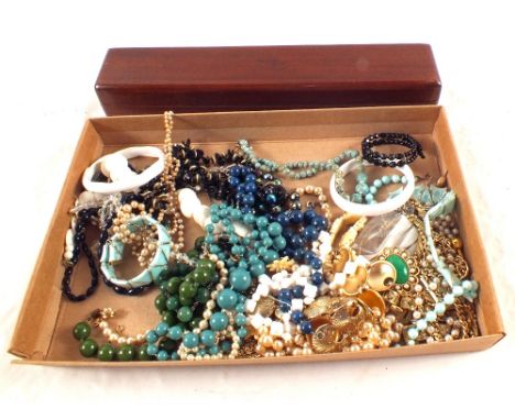 A quantity of costume jewellery including bead and Pearl necklaces, bracelets etc with a small wooden box