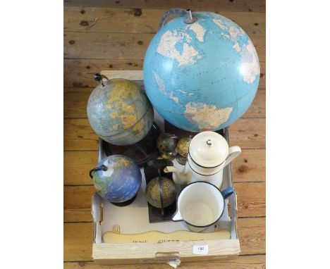 A Chad Valley tin plate globe, various others plus enamel ware