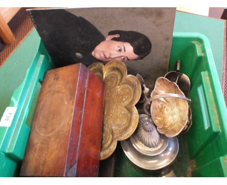 A 19th Century Mahogany tea caddy, various metalware and a Victorian portrait oil