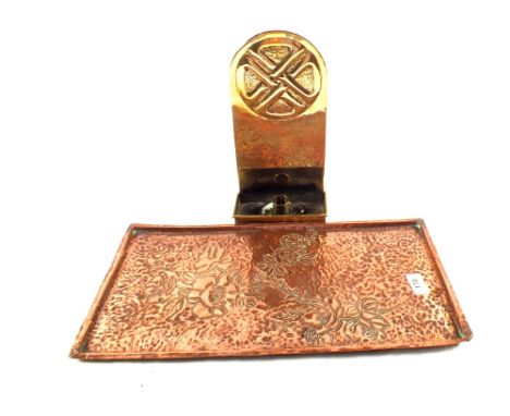 An Arts and Crafts floral embossed Copper tray, 18 1/2" wide plus an Arts and Crafts Brass wall sconce embossed with Celtic k