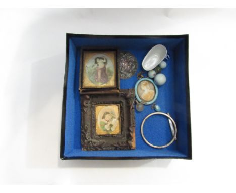 A mixed lot to include a pair of coloured Victorian prints in frames a/f, an enamel framed cameo a/f, a doll's house bath, an