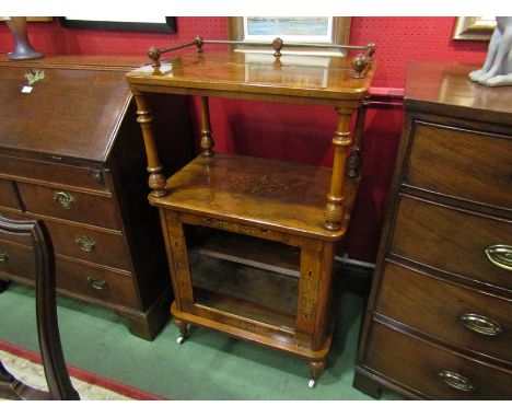 An early Victorian inlaid walnut single glazed door cabinet with key and ornate brass three quarter raised rail over white ce