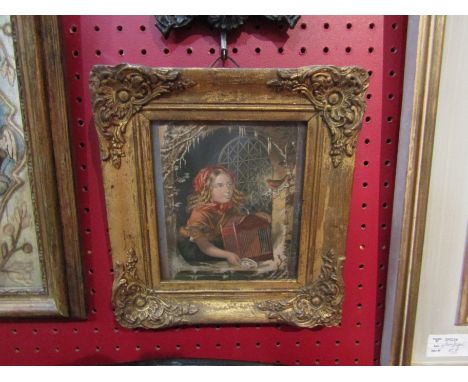 A Victorian coloured print depicting a girl coaxing a robin into a birdcage framed by a snow covered window in a gilt wooden 