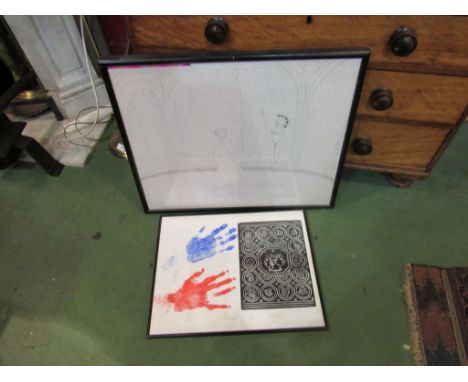 SELF.C (B.1941) A print in black and white. 18 circles depicting an object in each, accompanied by a blue and red handprint. 