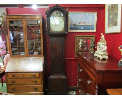 A late 18th/early 19th Century grandfather clock with Arabic numerals, painted dial with galleon passing a Church. Quarter st