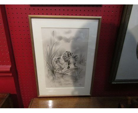 A print depicting a hunting dog with duck in mouth, framed and glazed, 33cm x 22cm