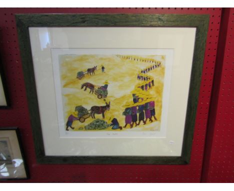 IRENE GEORGE: A "Yellow hat tribe" limited edition print titled "Melon Market", 102/ 950, framed and glazed, 29cm x 35cm