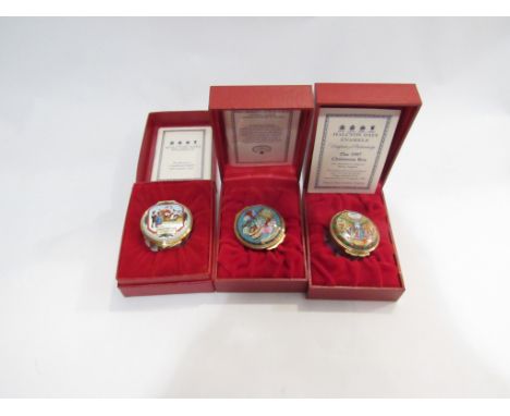 Three boxed Halcyon Days enamel Christmas related trinket pots, 1994, 1995 and 1997