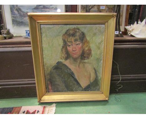 FREDERICK PARK FAIRER (1910-1984): An oil on board portrait of girl, 45cm x 38cm, gilt framed