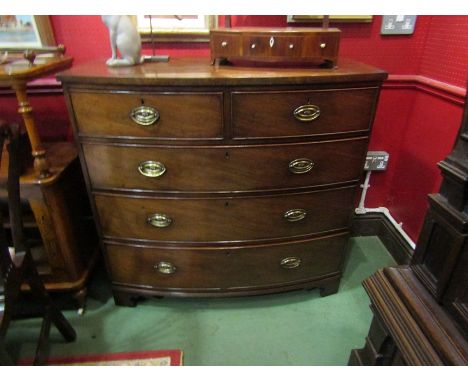 A 19th Century flame mahogany bow front chest of two short over three graduating long drawers on bracket feet. 100cm x 105cm 