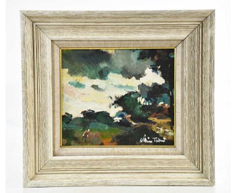 † WILLIAM RALPH TURNER (1920-2013); oil on board, figure in landscape, signed, 19 x 21cm, framed.Condition Report: Light wear