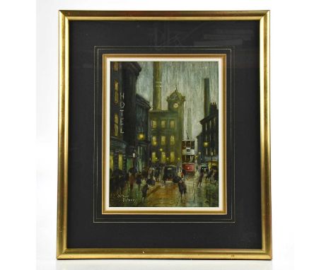 † ARTHUR DELANEY (1927-1987); oil on board, 'Manchester Street Scene', signed, 29.5 x 22cm, framed and glazed.   Provenance: 
