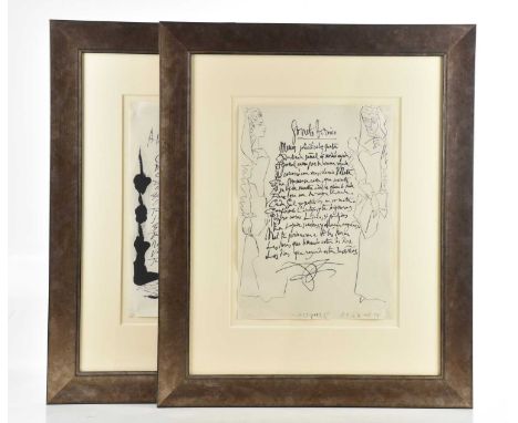 AFTER PABLO PICASSO (1871-1973); two unsigned etchings, 'Luis de Gongora y Artgote' and 'Vingt Poemes', 37 x 27cm, framed and