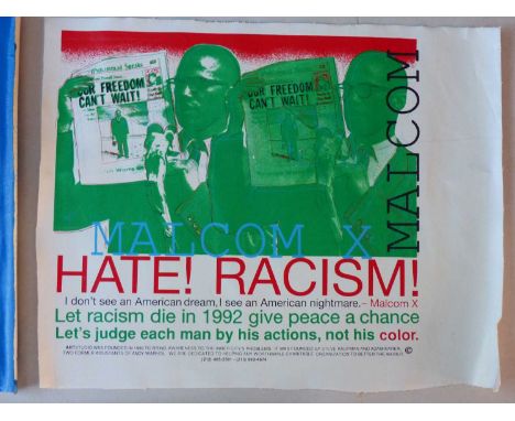 Steve Kaufman. (b. 1960-2010) ARR. Four Mixed media on canvas. Malcom x, Hate! Racism!  ArtStudio, signed verso.  $100 bill, 