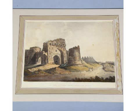 After William Daniell (1749-1840), a rare view of 'West Gate of Firozshahs Cotillah Delhi', a hand coloured aquatint, 34cm x 