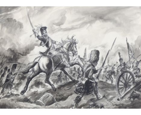 Leo Rawlings (1918-1990), the Battle of Waterloo, monochrome watercolour/ink sketch on paper, signed, 36cm x 49cm, framedGood
